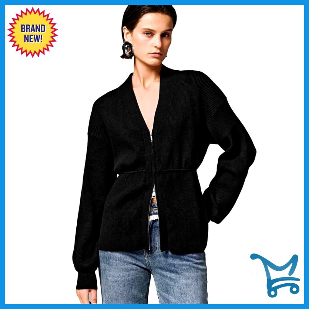 Lightweight Knit Cardigan with Balloon Sleeves, V-Neck, Zip Front